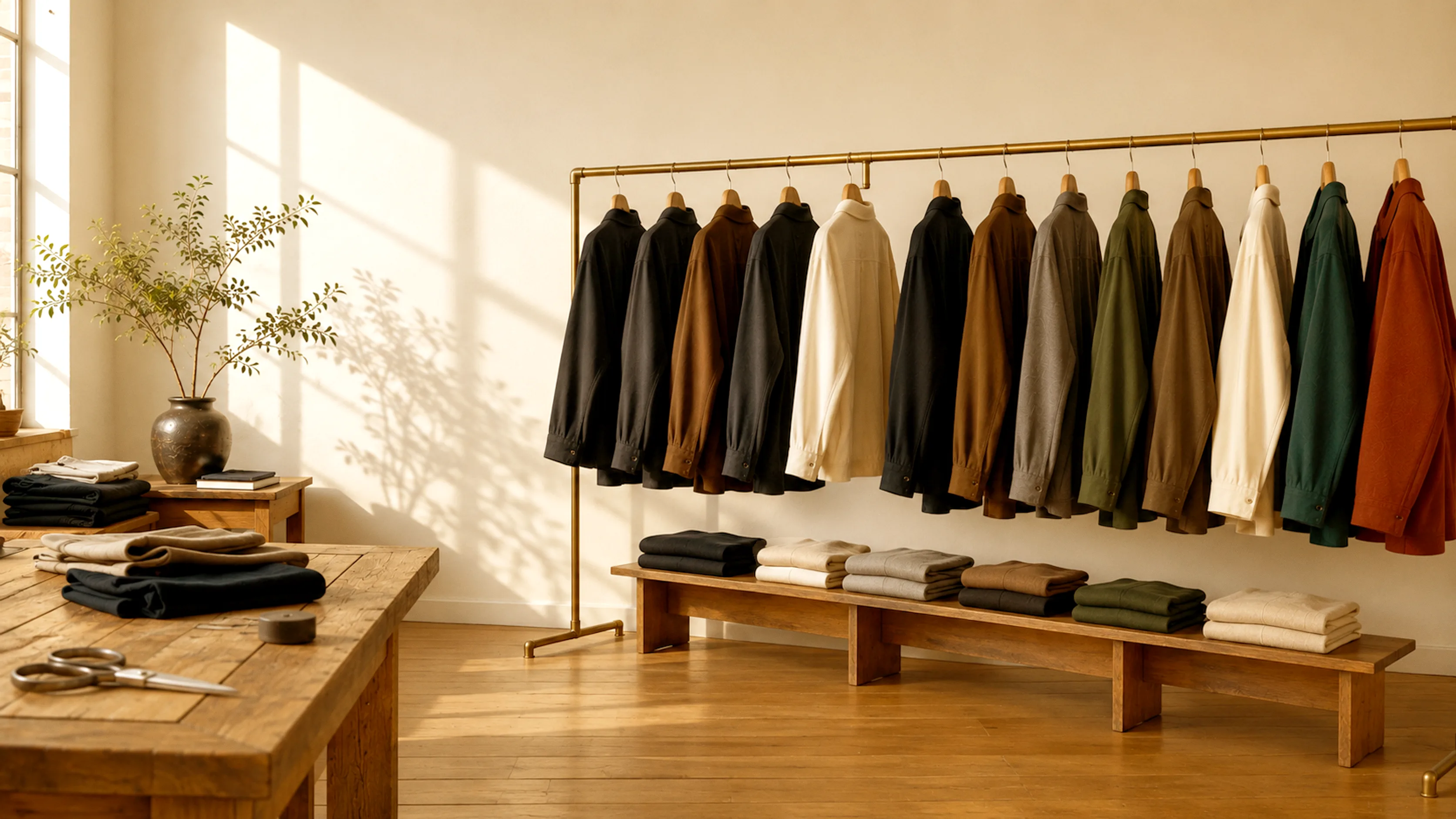 A rack of menswear in an atelier, the app's pairing engine reads each garment's color, texture, and register.